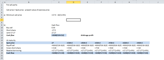 E F G H I J Put call parity Hnm + Call price = Spot price - present value of exercise price =17.5 - 18/(1+5%) 5 a) Minimum ca