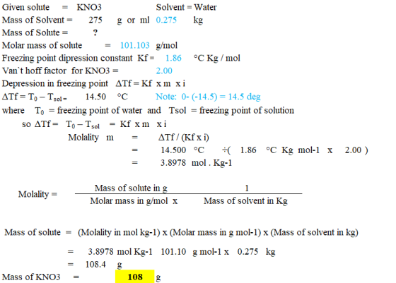 Given solute = KNO3 Solvent = Water Mass of Solvent = 275 g or ml 0.275 kg Mass of Solute = ? Molar mass of solute = 101.103