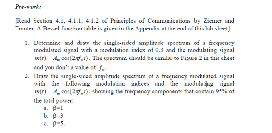 Pre-work: Read Section 4.1, 4.1.1, 4.1.2 of Principles of Communications by Ziemer and Tranter. A Bessel function table is gi