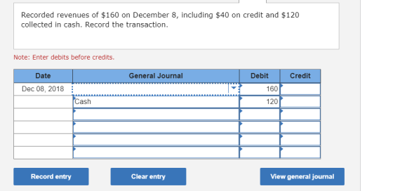 Recorded revenues of $160 on December 8, including $40 on credit and $120 collected in cash. Record the transaction. Note: En