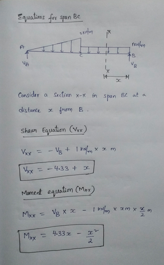 Equations for span Be zkolm X 2 kN/m X rkN/m 1 Consider a section x-x in span Bl at a distance & from B. Shear Equation (Vxx)