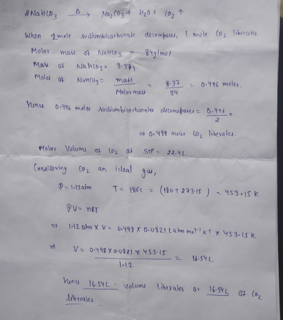 2 Natico, D Na₂CO3 + H₂O + H2O + CO2 When Imole to diumbicarbonate de compuses, Imole CO2 liberater Molar Мом mas of Mariloz