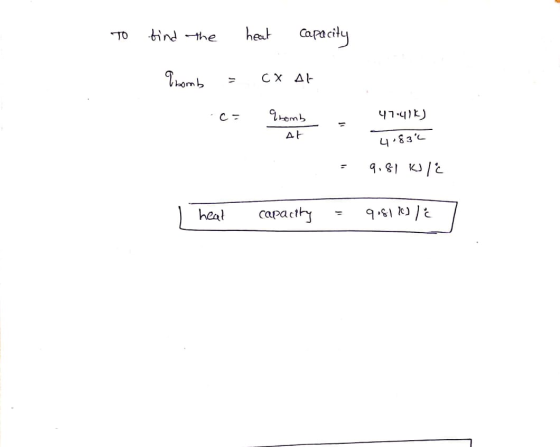 heat Capa city ndthe TO homb C X AL hemb 1 At 4.83 9.81 KJ/2 capacthy heat