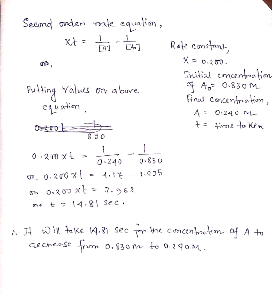 Second onder roate equation, 1 kt = 1 / - LAS ove, Putting values on abure equation, ozvob Rate constant, K = 0.200. Initial