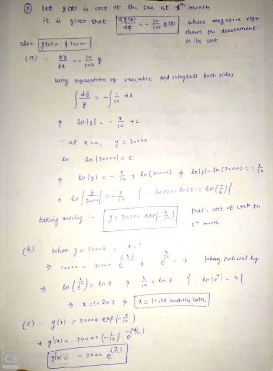 it is tet 900) cost of the cre at month given that dt where negative eign shows the decurament als (0) = $30,00 in its cost y