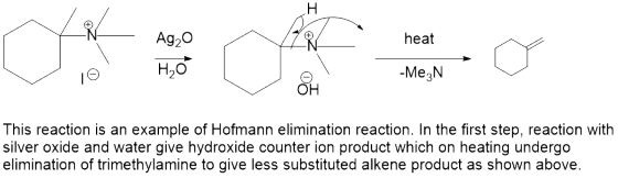 Н Ag2O heat Hо -МeзN ОН This reaction is an example of Hofmann elimination reaction. In the first step, reaction with silver