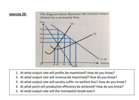 exercise 29: The diagram below illustrates the various output choices for a monopoly firm. Price angular MC D, AR Quantity 01
