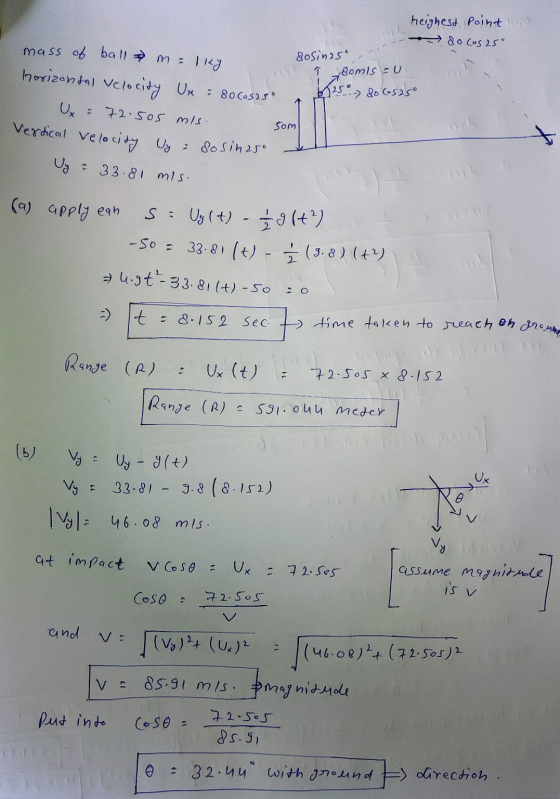 Vertical velocity by : Sosinaso. heighest point 80 (as 25° mass of ball M= 1 kg horizontal Velocity Ur = 8060525° Ux: 72.505