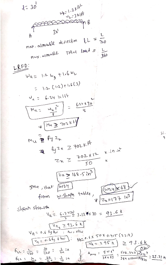 di 30 We = 1,2k16h esa 4-3kift B p A 300 IL deflection max, allowable ar air Total load - mex, allowable LRFD: Wa= 112 wg tle