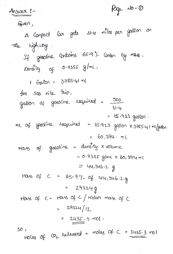 Answer Given ales on pen gollon A Conpact Car gets 7355 g/mL Densay of 37854 m Gallon= forsSco le tip, 500 gallon of gosDline