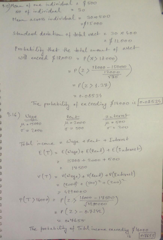 9.12) Mean of one individual & $500 No of individual = 30 Mean across individual & 30x500 15 000 Standard deviation of total