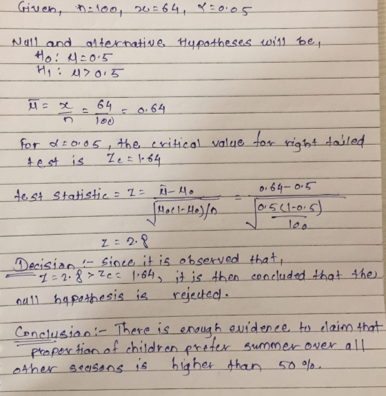 biven, n=100, so = 64, q=0.05 Hypotheses will be Nall and alternative Ho! M=0.5 Ho: M7015 ū - De 64 - 0,64 -ö To SO for d = 0