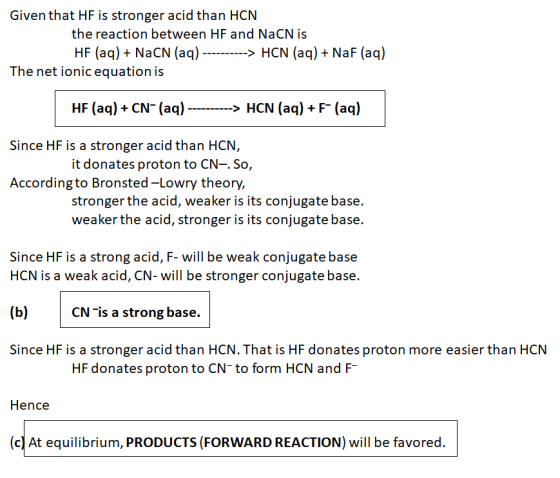 Given that HF is stronger acid than HCN the reaction between HF and NaCN is HF (aq) + NaCN (aq) ----------> HCN (aq) + NaF (a