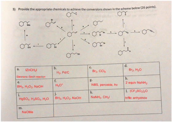 3) Provide the appropriate chemicals to achieve the conversions shown in the scheme below (20 pomen n 1 - 0 a. IZCHI Simmons-