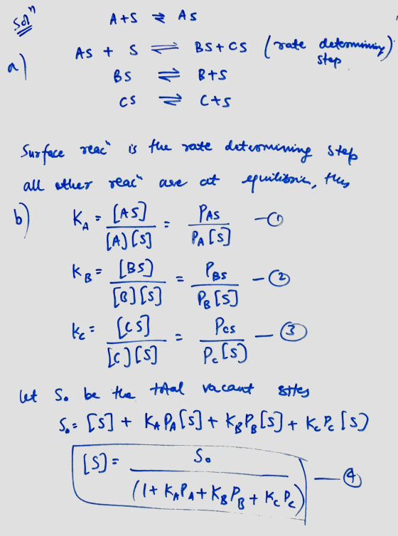 A+S As Sop As + s = BS+cs (rate determining) a ) step BS 1 16 11 Bus CS CAS KA kot Surface reac is the rate determining step