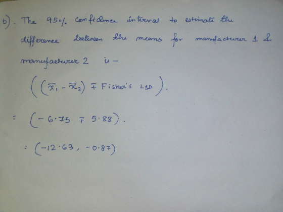 b). The 95% confidence interval to estimate the difference between the means for manufacturer 1 & manufacturer 2 is- ((7, -52