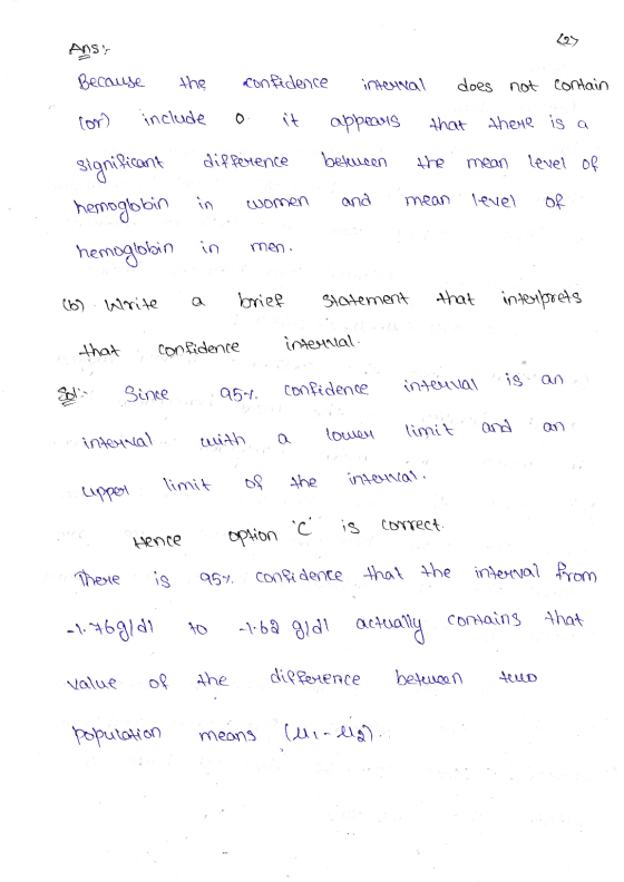 Anst ReCOLLSе the confidence interval does not contain lor) include O it appears that there is a difference between the mean