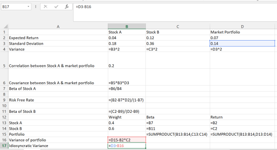 B17 - X V fx =D3-B16 2 Expected Return 3 Standard Deviation 4. Variance Stock A 0.04 0.18 =B312 Stock B 0.12 0.36 =C312 Marke