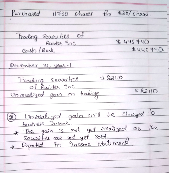 Purchased 11730 shares for $38/ share of trading securities • Raider Inc Cash (Bank $ 445740 $uus 740 December 31, year 1 $ 8