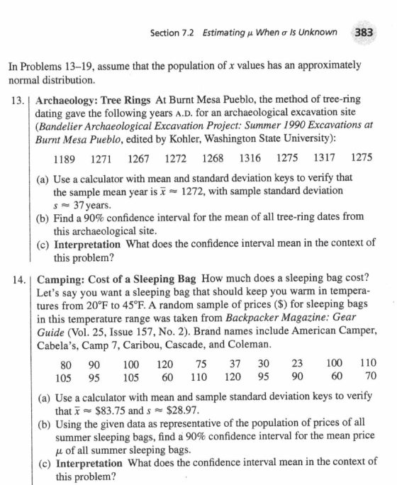 383 Section 7.2 Estimating u When a Is Unknown In Problems 13-19, assume that the population of x values has an approximately