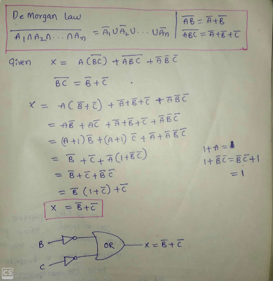 De Morgan law AB=ĀTĒ ĀVĀJU... UÃn | ABC = Ãtett AINARA nam Given x = A CBC) at ABC & Ā Š Ć B C = 8 t ItA= x = ACB+C) + A + B