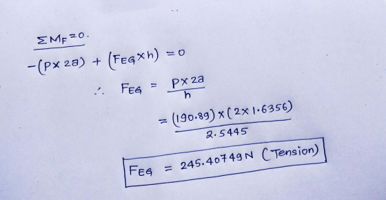 EMEZO. -(Px 2a) + (Fegxh) . FEG Px za h (190.89) x ( 2x 1.6356) 2.5445 245.40749 N C Tension) FEG