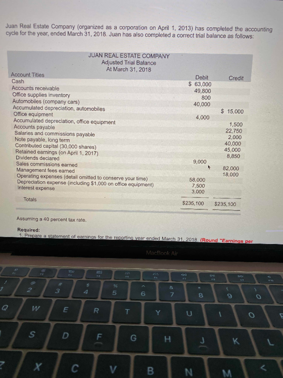 Juan Real Estate Company (organized as a corporation on April 1, 2013) has completed the accounting cycle for the year, ended
