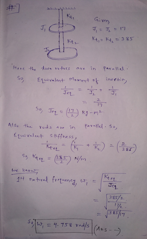 #7 Kti Given, 5,= = 17 Kt,= K = 385. Ktz the Here So, two rotors are in Equivalent moment of Jeq = I, parallel : inextio, I,