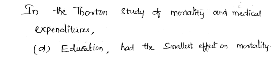 Tn the Thonton Study motality and medical expendlitures moxtality (d) Eduation, had the Smallest efet On