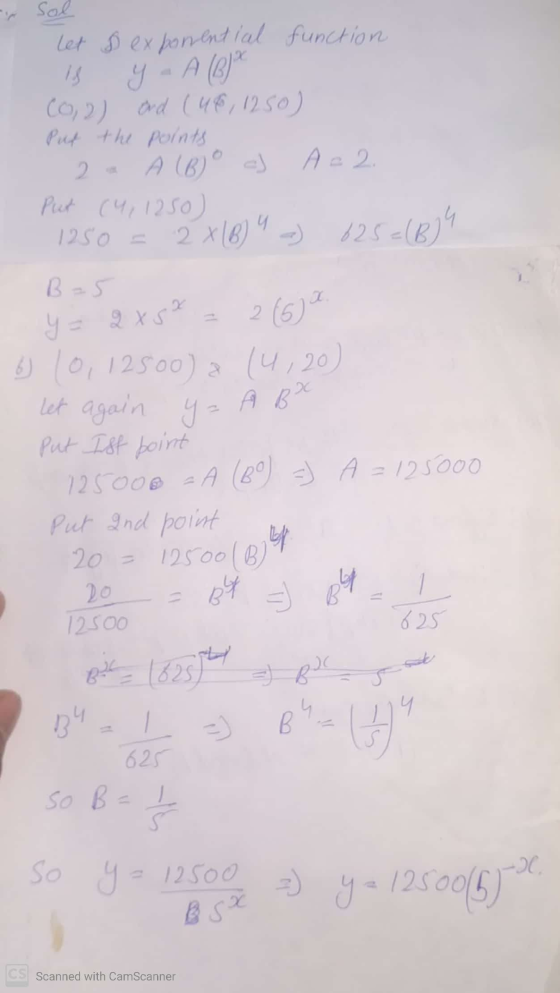 x sol let $ exponential function Co, 2) and (46,1250) Put the points 2a A (B) o c) A - 2. Put (4,1250) 1250 = 2x(8) -) 625=