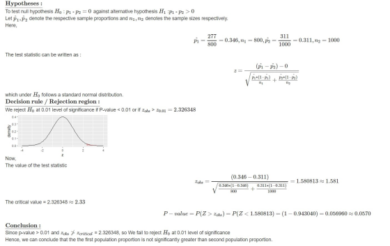 Hypotheses : To test null hypothesis H. : P1 - P2 = 0 against alternative hypothesis H1 P1 - P2 > 0 Let P1, P2 denote the res
