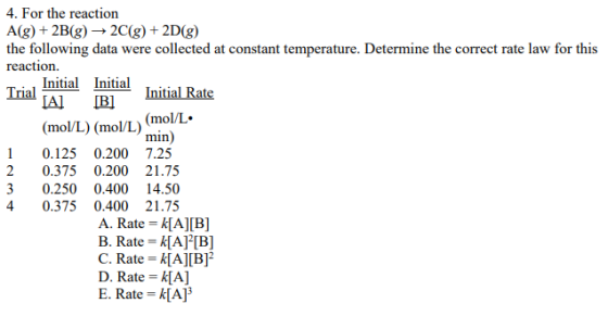 4. For the reaction A(g)2B(g)2C(g) + 2D(g) the following data were collected at constant temperature. Determine the correct r
