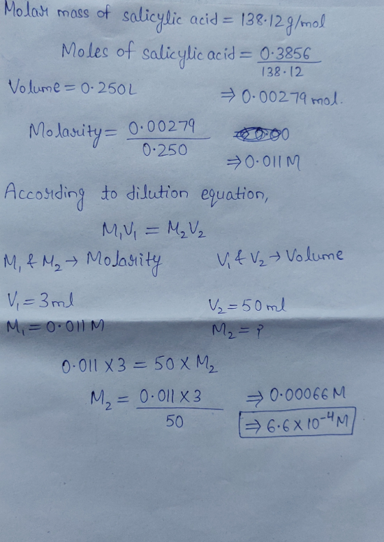 Molat mass of soalicylic acid= 138-129/mol Moles of salicylic acid 0-3856 138. 12 Volume= 0-250L 0-00279 mol Molasity 0.00279
