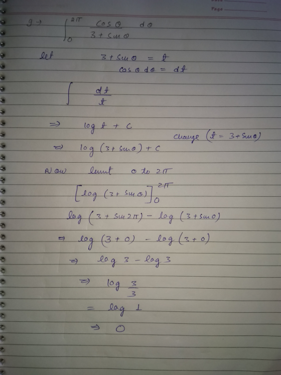 Page DIT 97 coso do 3t smo let t 3t suo Cos o do dt dt t log t + c Change (t = 3+Suo) log (3+ smo) + c Now lent o to 21T भा 0
