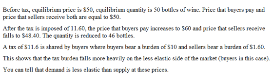 Before tax, equilibrium price is $50, equilibrium quantity is 50 bottles of wine. Price that buyers pay and price that seller