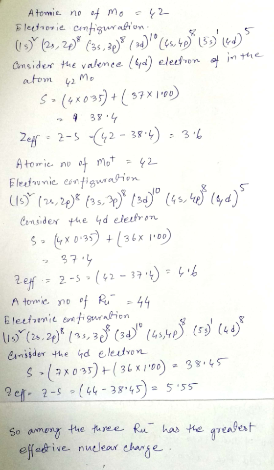 Atomie no of mo = 42 Electronie configuration (15) (23, 2018 (35,3098 (34) °(,409 15340) Consider the valence (ad) election