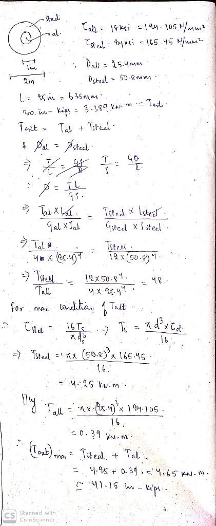 x 2 Call = 18ksi = 194. 105. N/mm2 Esteel - ayusi = 165.45 N/mm2 Tim Dal 95.4 mm 2in! - Dsteel - 50 mm t=as in = 635mm 200 ün