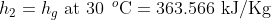 h_{2}=h_{g}\textup{ at 30}\: \: ^{o}\textup{C}=363.566\textup{ kJ/Kg}