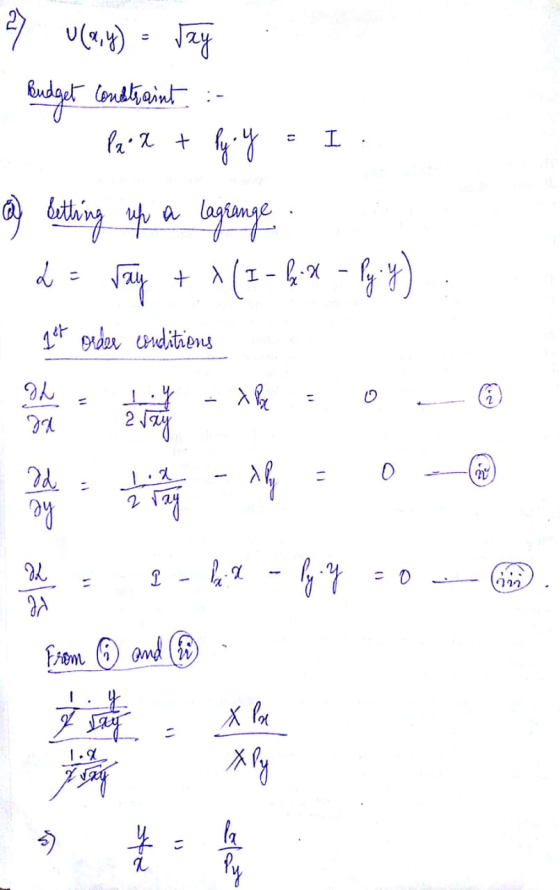 2 U(1,4) - 42% - Budget constraint :- - Prox + ly y = I. a betting up a legrange. 0 - 3 + (-- Q3 - 8 ) - It order conditions