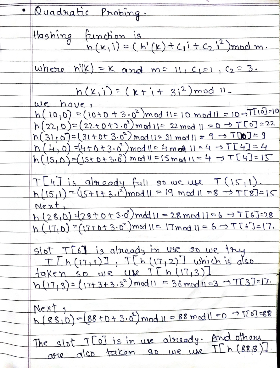 . Quadratic Probing. Hashing funcion is h(k, ) = (h (k)+ci+ C7 ?)mod m. where nilk) =k and mal1, CIEL, (2= 3. We n(x, y) = (