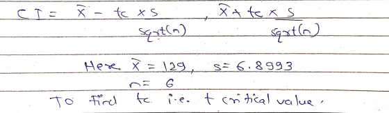 CIE X - to XS xt texs sqrt(n) sext(o) Here x = 129 sa 6.8993 6 to. i.e. t critical value. To find