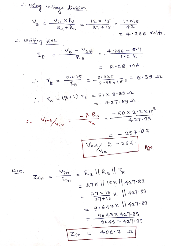 using voltage division, VG Vce XR3 Ri+R3 12 x 15 27 + 15 12x15 42 24:286 Volts. - writing kve VB UBE E IE 40286 07 1.2k = RE