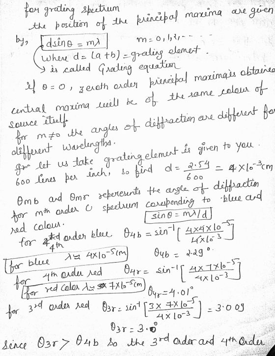 for grating by, m=0, 12, spectrum the position of the princepal maxima are given Idsino = my Where da la tb) - grating elemet