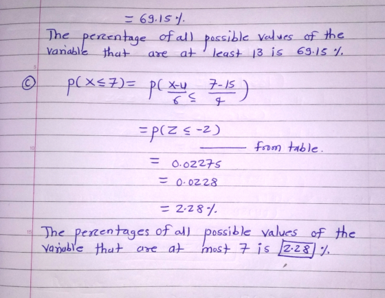 The percentage = 69.15% of all possible values of the Variable that at least 1 is 69.15% 5 plus 57 = plus 7-15) = P(Z <-2) 10