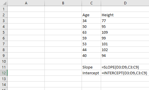 Height 77 95 109 101 102 Slope =SLOPE(D3:09,C3:09) Intercept =INTERCEPT(D3:09,C3:09) 13
