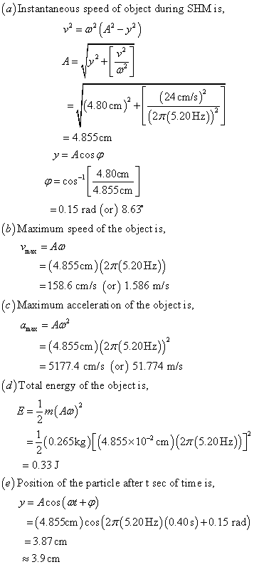 (a)Instantaneous speed of object during SHM is Ca (24 cm/s) (27(5.20Hz)) 4.80 cm) - 4.855cm 4.80cm P- COS 4.855cm 0.15 rad (o