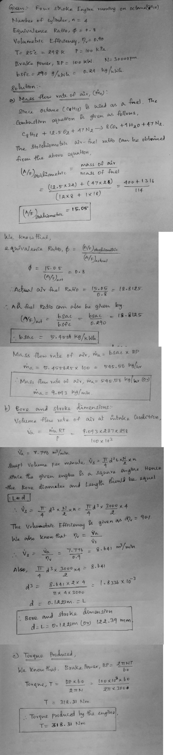 Volumetric Effeeleney, y = 0.90 Giren: Four stroke Engine running on octanel(214) Number of cylinder, Equivalence Ratio, & =