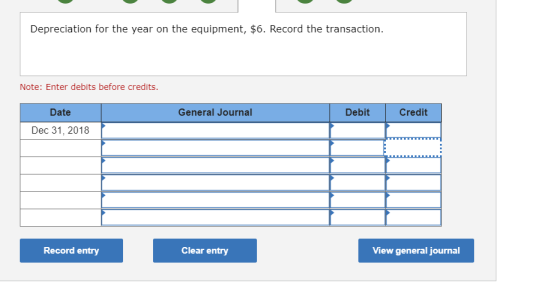 Depreciation for the year on the equipment, $6. Record the transaction. Note: Enter debits before credits. General Journal De