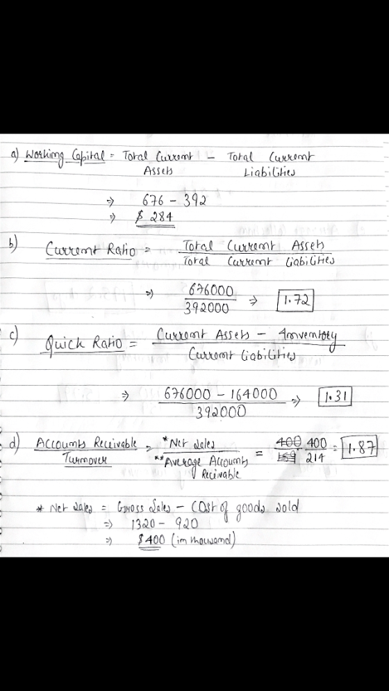 Toral Current Liabilities a) Working Capital - Toral Current L Assets - 676 - 392 * $ 284 b) Current Ratio a Toral Toral Curr