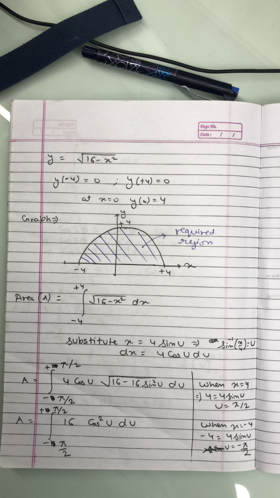 Page No. Date: / y = 16-0² y (4) = O at 70 :y(+4) = 0 y (o)=4 Ty Graph) 9 required region -4 ty +4 Area (A) = J16-ne da subst
